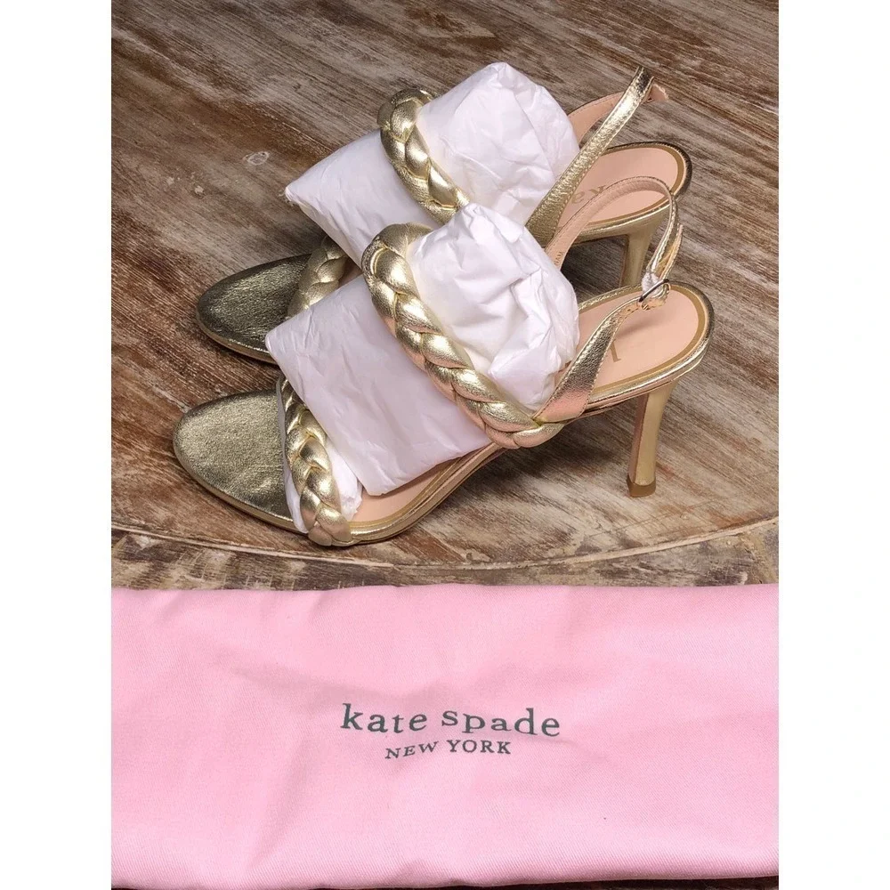 Kate Spade Saffron Heels Slingback Antique Gold Metallic Leather NEW 7 US